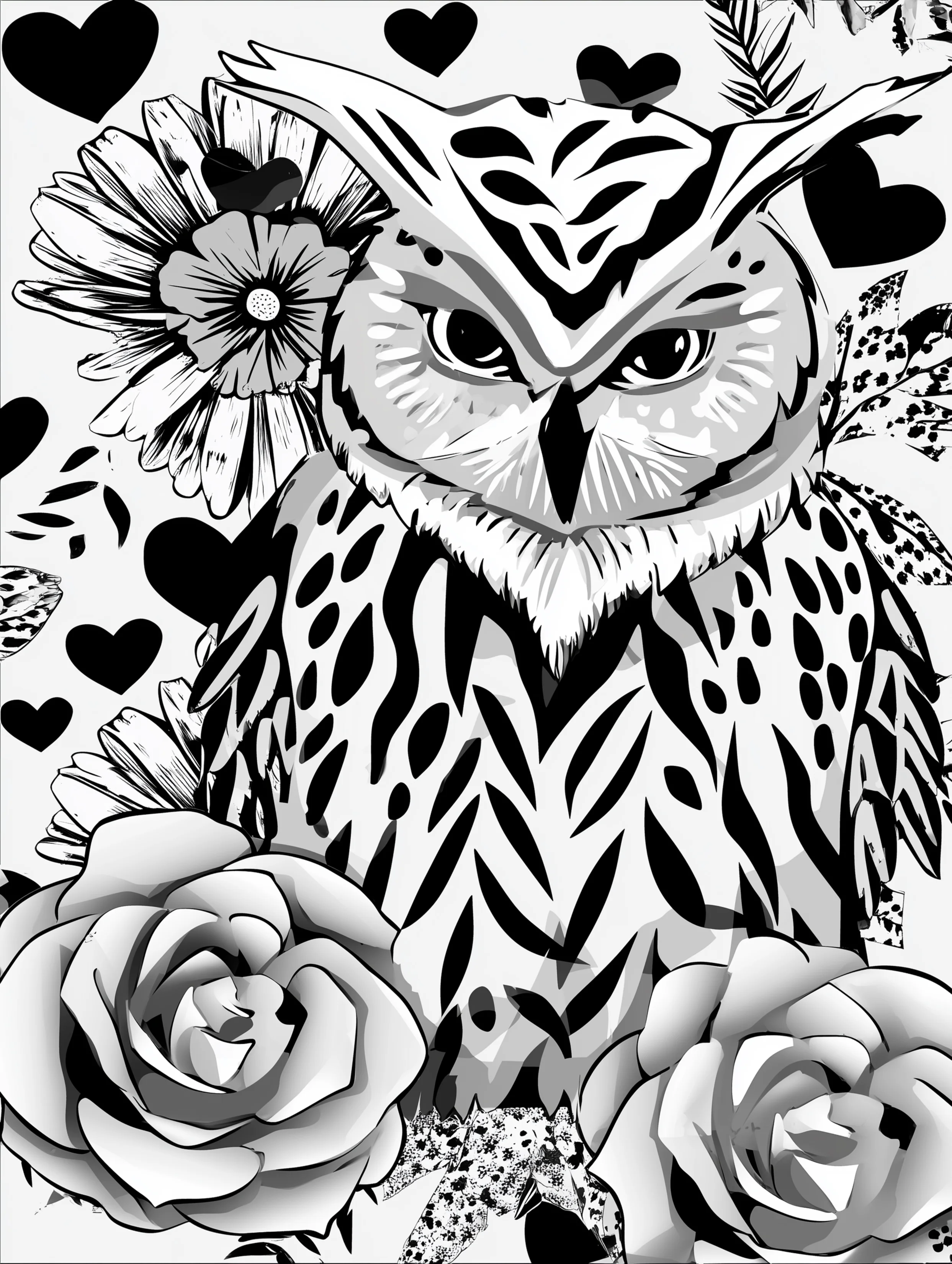 Free printable zoo coloring sheet featuring an owl with flowers